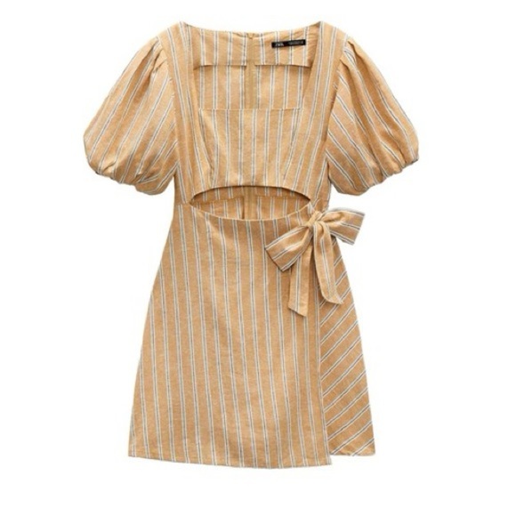 Zara Women’s Puff Sleeve Yellow Mini Linen Dress Cutout Size Medium - Picture 1 of 11